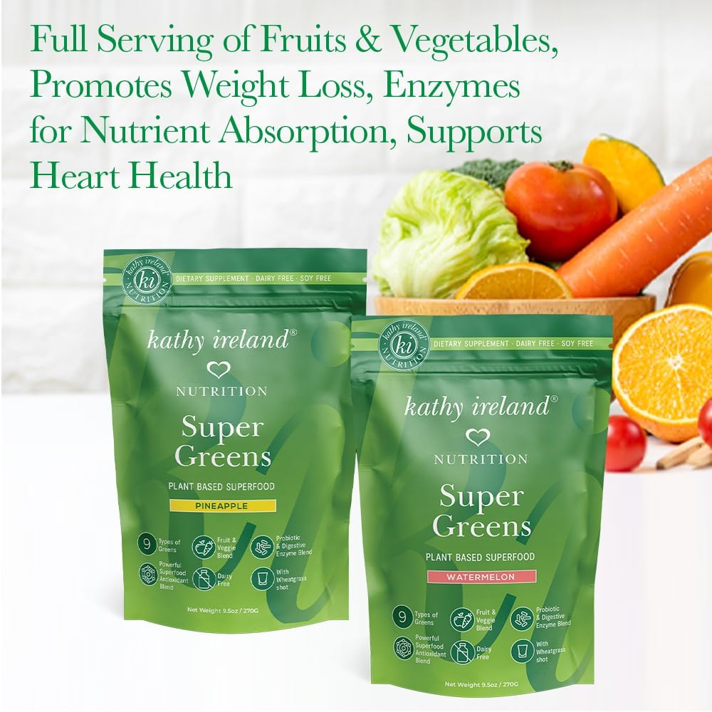 kathy ireland Nutrition Plant Based Super Greens Powder Mix, Watermelon, 9.5oz