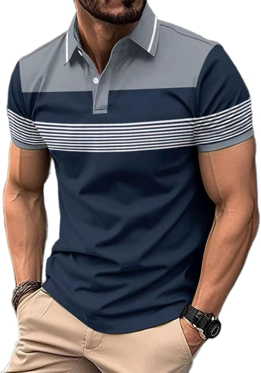 Men's Casual Polo Shirts Short Sleeve Fashion Golf Shirt Classic Striped Slim Fit T-Shirts