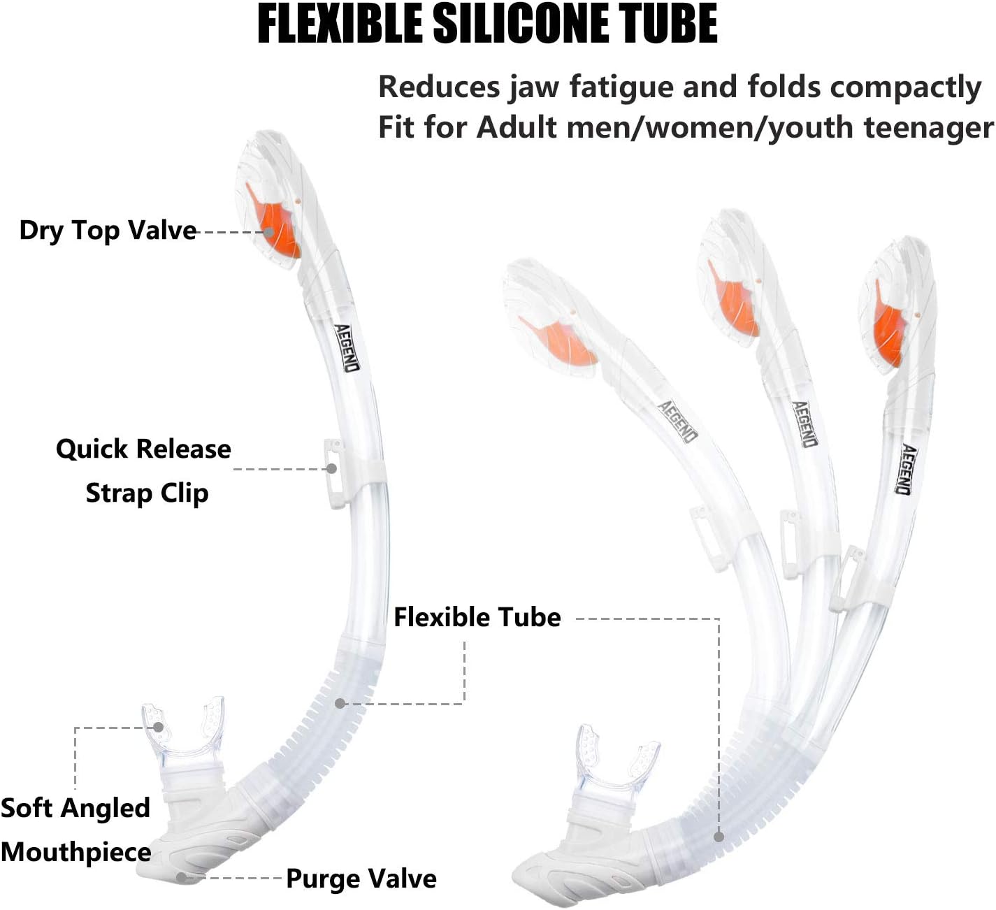 Aegend Dry Snorkel, Dive Mask Easy-Breath Free Diving Snorkel for Snorkeling Scuba Diving Freediving Swimming, with Top Dry Valve and Food-Grade Silicone Mouthpiece