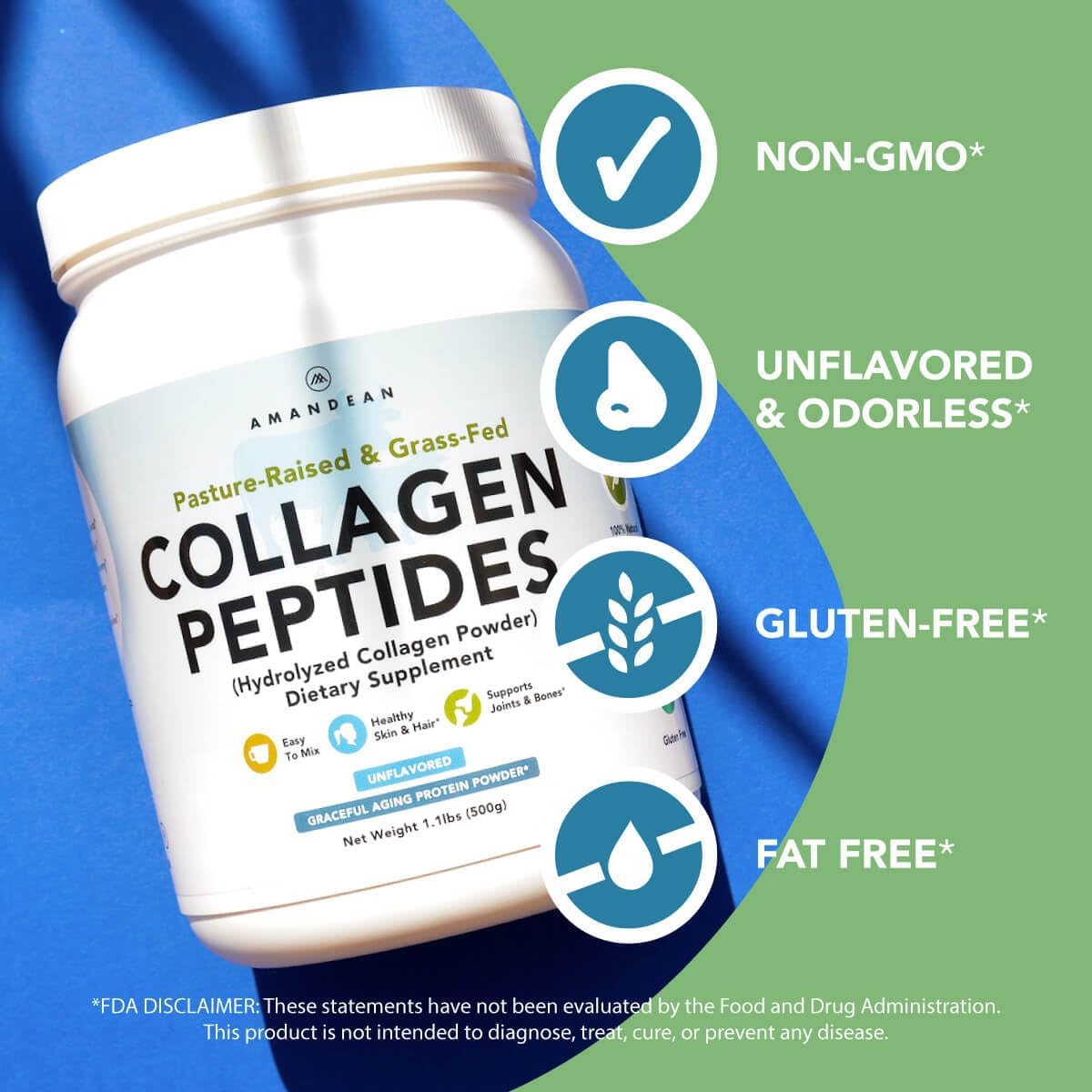 AMANDEAN Collagen Peptides Powder (17.6oz). Grass-Fed Hydrolyzed Protein Supplement. Promotes Healthy Joints, Skin, Hair, Nails. Unflavored & Easy to Mix.