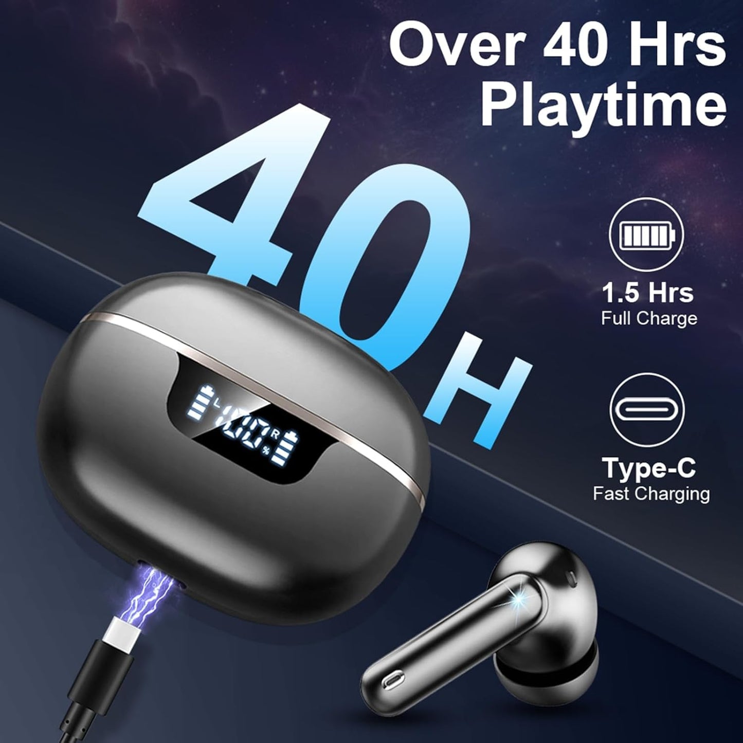 Wireless Earbuds, Bluetooth 5.4 Headphones Deep Bass Stereo, in-Ear Earphones with 4 ENC Mics, 40H Playtime LED Display Mini Charging Case Ear Buds, IP7 Waterproof Wireless Headphones for Android iOS