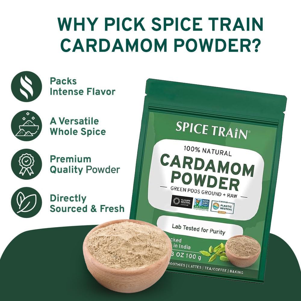 Cardamom Powder (100g/3.53oz) Gluten Free, Raw Ground Elaichi for Cooking, Smoothies, Lattes, Masala Tea, Packed in Resealable Zip Lock Pouch