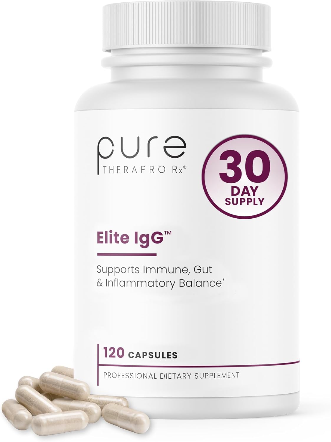 Pure Therapro Rx Elite IgG Immunoglobulin Supplement, 120 Caps - Gut Health & Immune Support, 1100 mg IgG, IGA & IgM, Sunflower Lecithin | Dairy & Gluten Free Colostrum Supplement Alternative