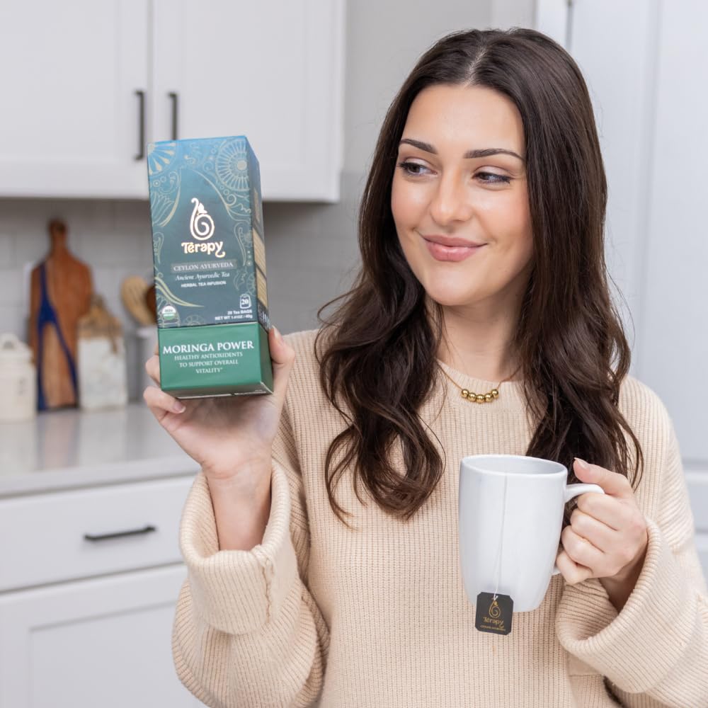 Térapy Ceylon Organic MORINGA TEA | USDA Organic Herbal Tea Bags| Helps with Vitality & Antioxidants | 100% Natural Ayurvedic Ingredients | 20 Individually Wrapped Tea Bags