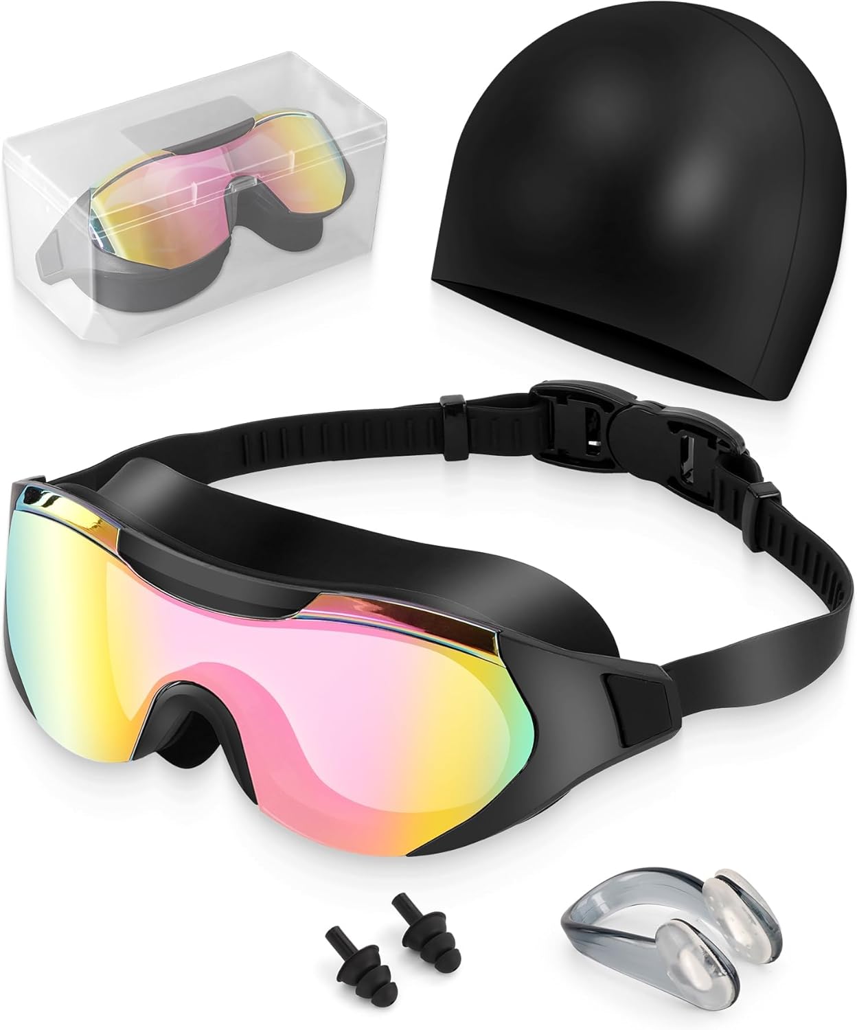 Swim Goggles with Nose Clip, Ear Plugs & Swim Cap, Anti-Fog UV Protection Lens, Leakproof Adjustable Strap for Adult
