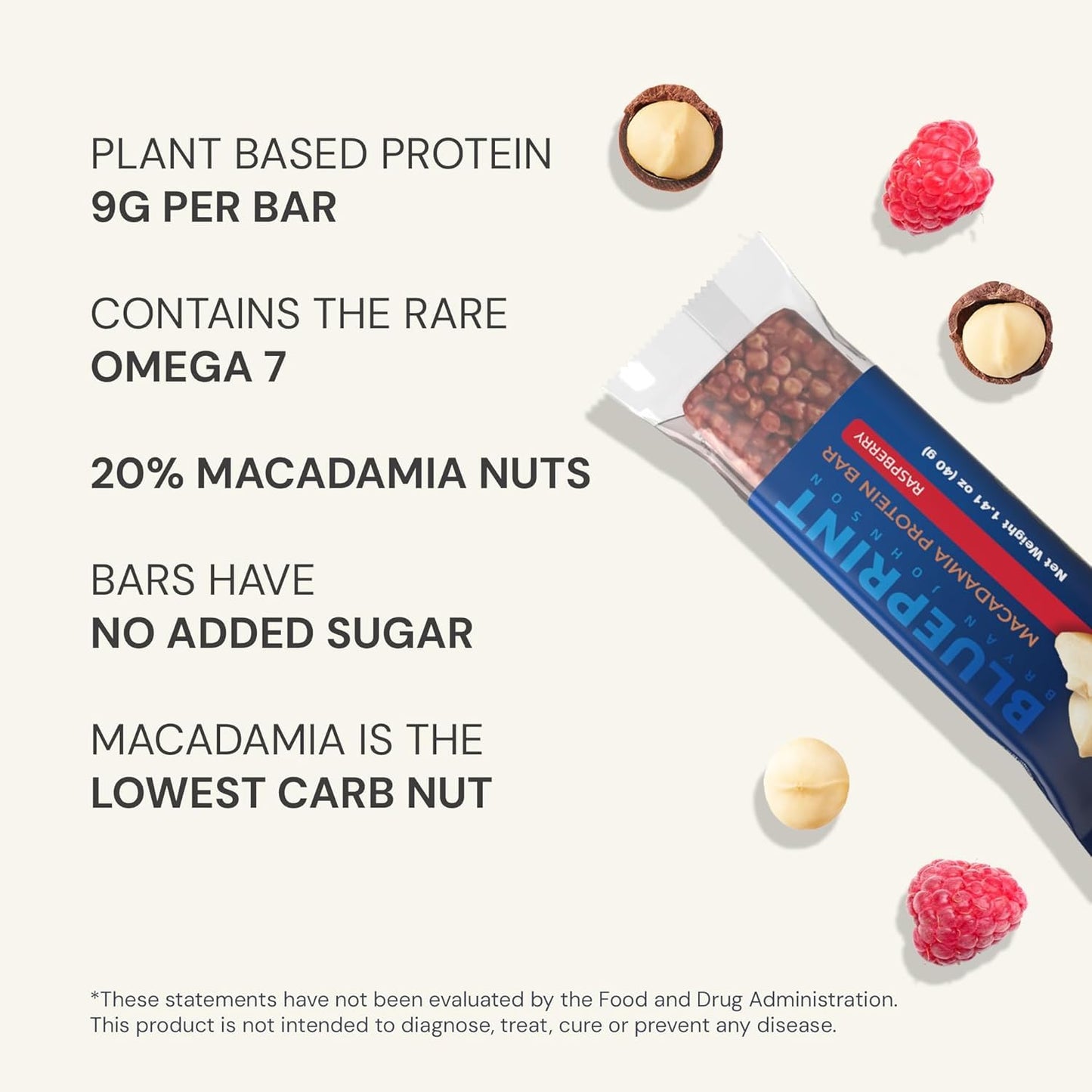 Blueprint Bryan Johnson Macadamia Nut Protein Bar - 9G Plant Protein - Healthy Fats - Supports Muscle Growth - Low Carb & Sugar - Natural Ingredients - Vegan Keto Snack (Raspberry - 12 Pack)