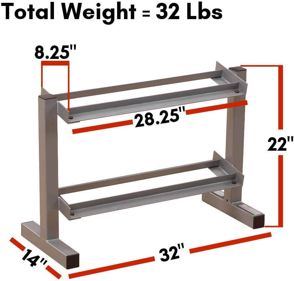 Body-Solid (PDR282X) 2-Tier Dumbbell Rack - Heavy-Duty 30inch Wide Weight Stand, Home Gym Storage Solution Holds 1 pair each of 5-30 lb. Dumbbells