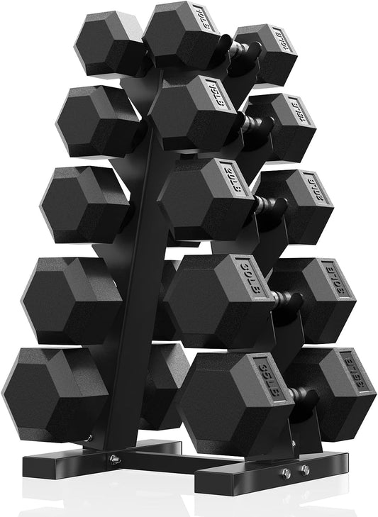 PAPABABE Hex Dumbbell Sets with Rack, 60-550lb Rubber Coated Dumbbell Weight Set and Storage Rack, Multiple Options Hand Weights for Strength Training