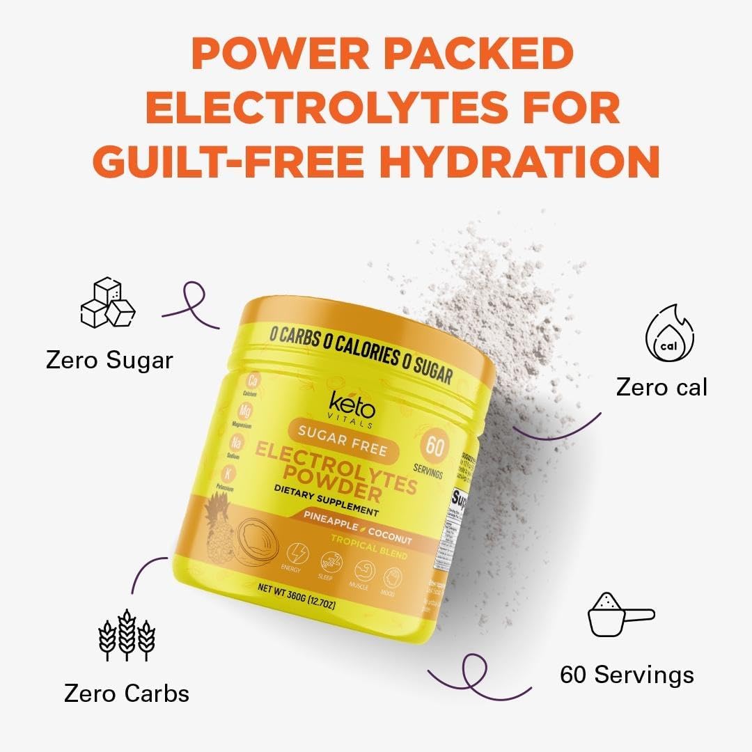 Keto Vitals Electrolytes Powder - Sugar Free Keto Electrolytes Powder with Potassium, Magnesium, Sodium, & Calcium - No Sugar Electrolyte Drink Mix & Hydration Powder, 60 Servings, Pineapple Coconut