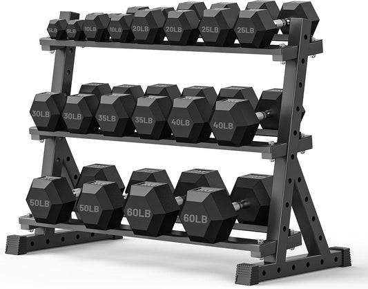 PAPABABE Hex Dumbbell Set with Rack, Rubber Encased Free Weight with Weight Storage Racks, Multiple Weight Options for Home Gym and Fitness