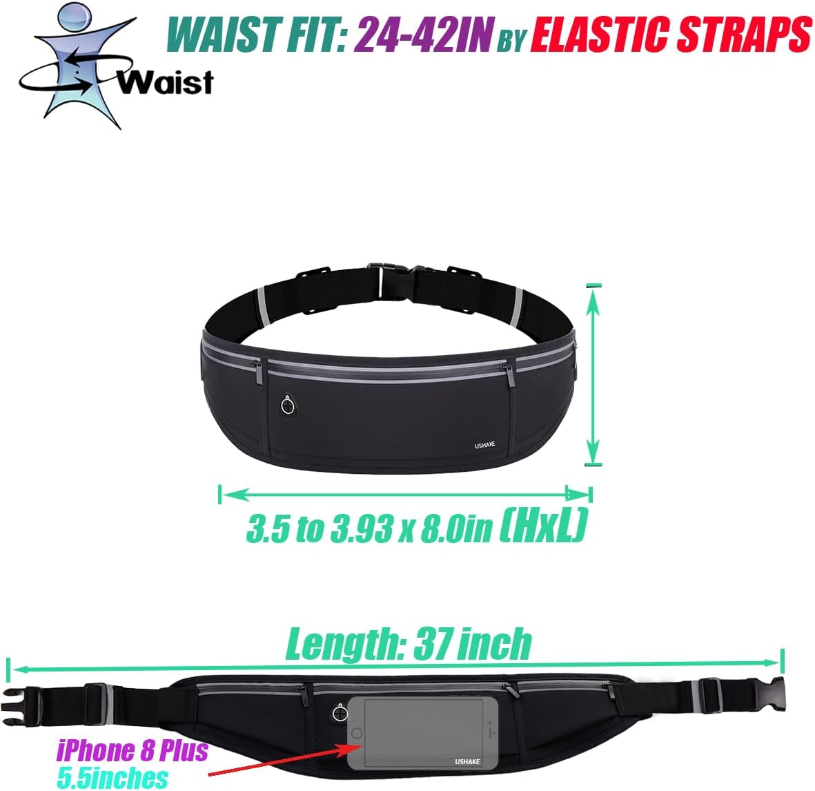 USHAKE Slim Running Belt, Workout Fanny Pack for Men Women,Exercise Waist Pack for Apple iPhone Holder, Runner Belt for Running Walking Cycling Camping Gym Black