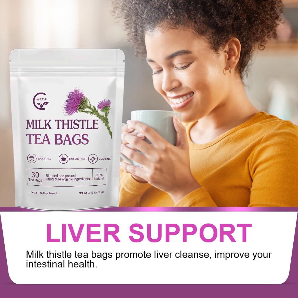 Organic Milk Thistle Tea Bags, Liver Support Herbal Tea, Caffeine Free, 30 Tea Bags