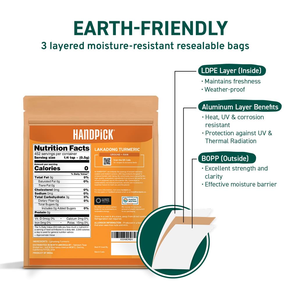 HANDPICK Lakadong High Curcumin Turmeric Powder (226g/ 8oz) Non GMO, Gluten Free, 100% Raw, Sourced from India, High Curcumin, Premium Quality, Packed in Resealable Ziplock Pouch