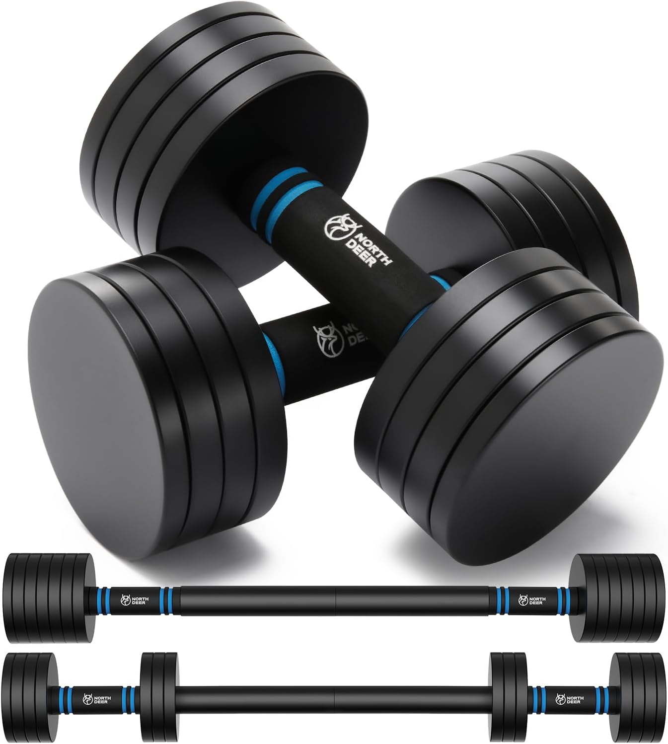 Northdeer V2.0 Upgraded Adjustable Steel Dumbbells 40LB / 60LB - 2 in 1 Dumbbell Barbell Set for Home Gym Workout - Compatible with V1.0 Dumbbells