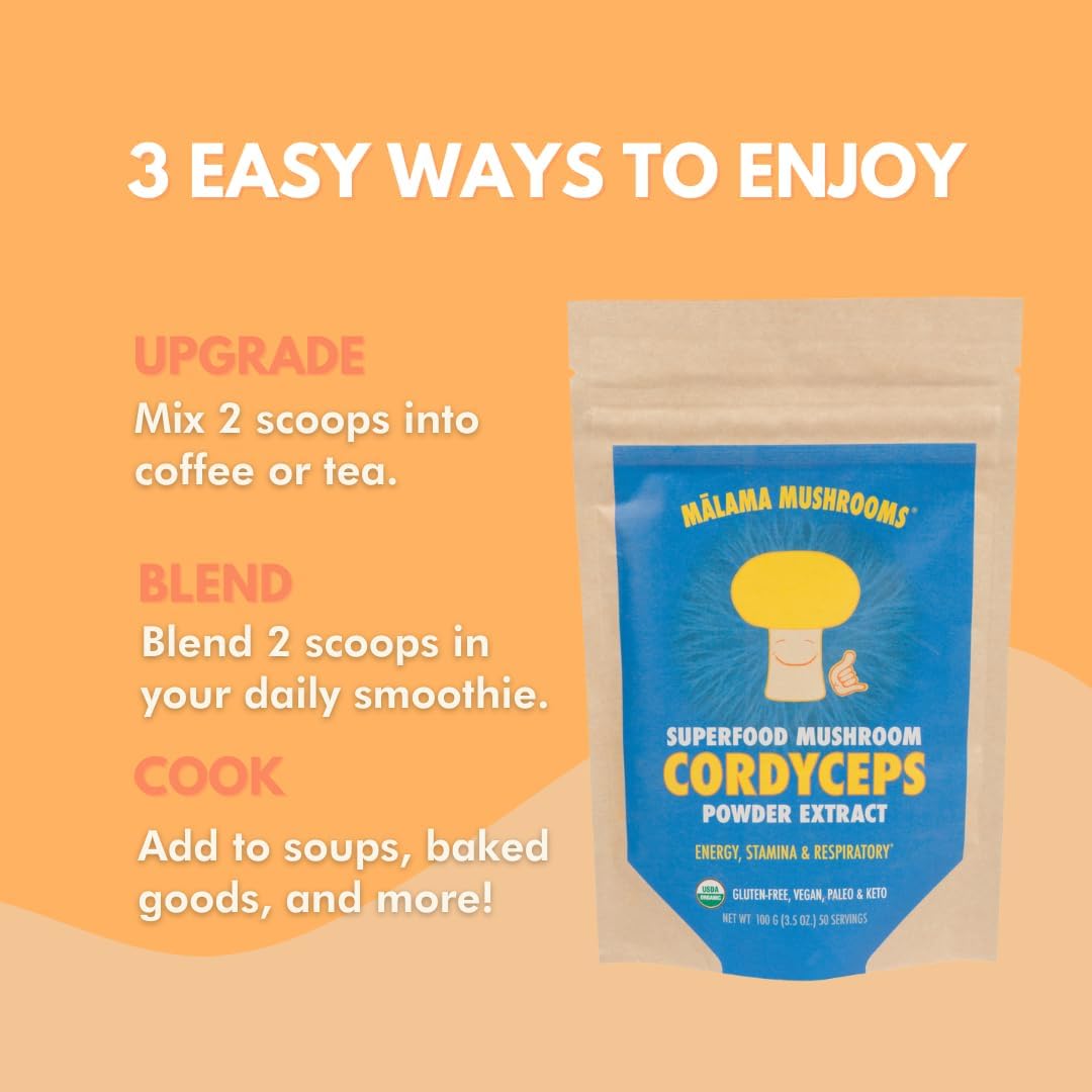 Cordyceps Extract Powder by Malama, Organic Fruiting Body Cordyceps Mushroom Powder, Superfood Adaptogenic, Supports Energy, Endurance & Mood, 100 Servings
