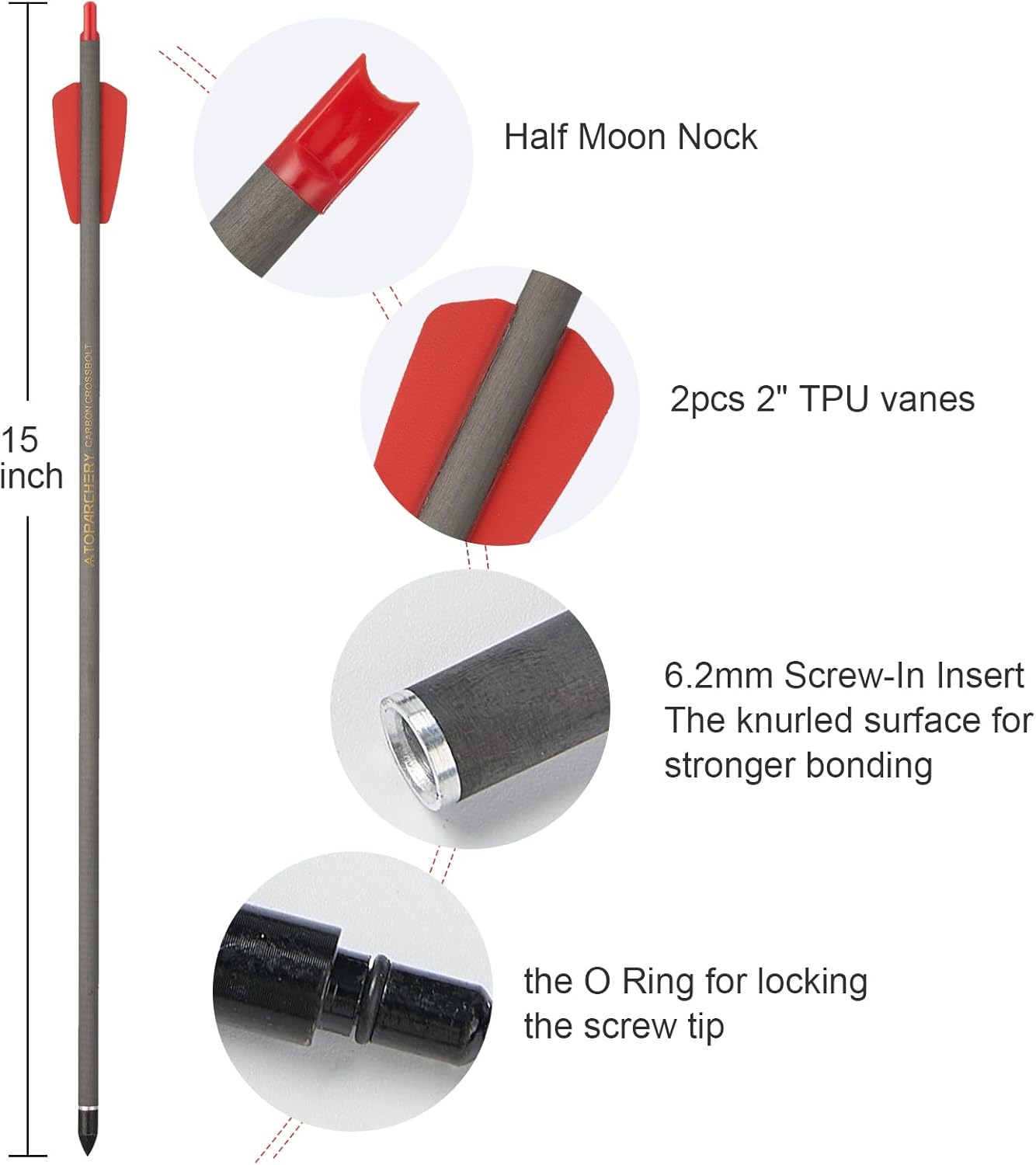 Crossbow Bolts 15 Inch Archery Carbon Crossbow Arrows with Moon Nocks Hunting Archery Arrows（12pcs