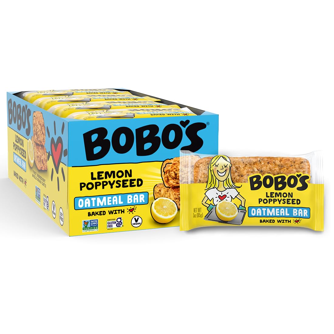 Bobo's Oatmeal Bars, Lemon Poppyseed, Gluten Free Vegan Whole Grain Oat Bars, Pack of 12