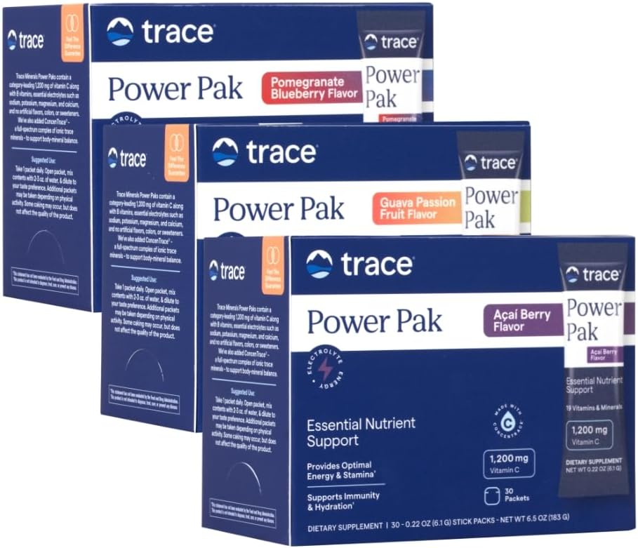 Trace Minerals Power Pak | Electrolyte + Vitamin C, Zinc, Magnesium | Immunity, Hydration & Energy Boost | Acai Berry, Pomegranate Blueberry, Guava Passion Fruit | 30 ct Variety Pack