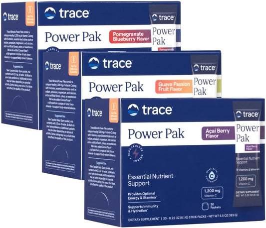 Trace Minerals Power Pak | Electrolyte + Vitamin C, Zinc, Magnesium | Immunity, Hydration & Energy Boost | Acai Berry, Pomegranate Blueberry, Guava Passion Fruit | 30 ct Variety Pack