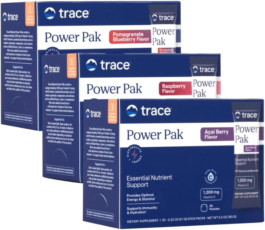 Trace Minerals Power Pak | Electrolyte + 1200mg Vitamin C, Zinc, Magnesium | Immunity, Hydration & Energy Support | Pomegranate Blueberry, Raspberry, Acai Berry | 30 ct Variety Pack