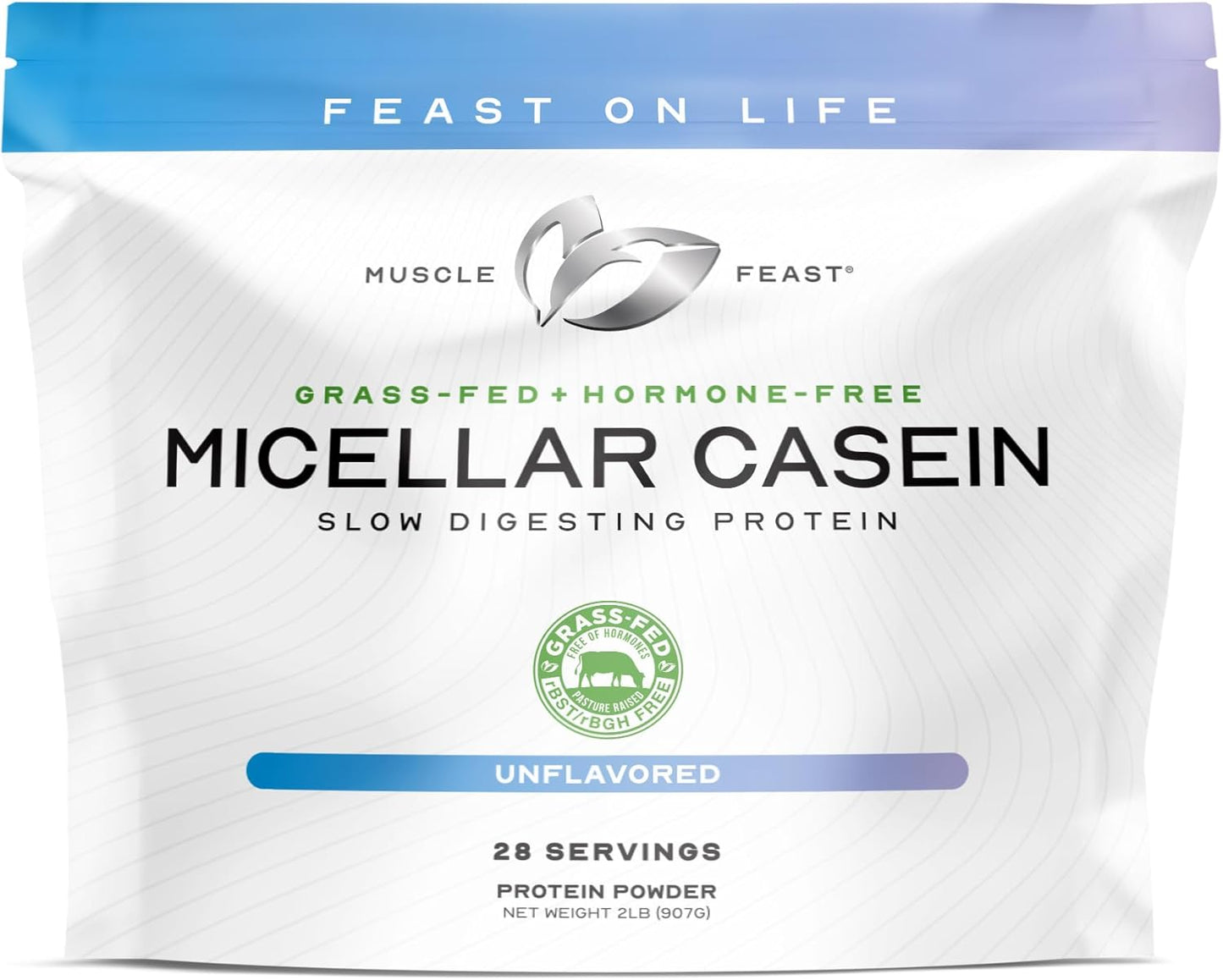 Muscle Feast Grass Fed Micellar Casein Protein Powder, Pasture Raised & Hormone Free, Slow Digesting Casein Protein - Supports Overnight Muscle Recovery, Gluten Free Protein Powder - Unflavored, 2lb