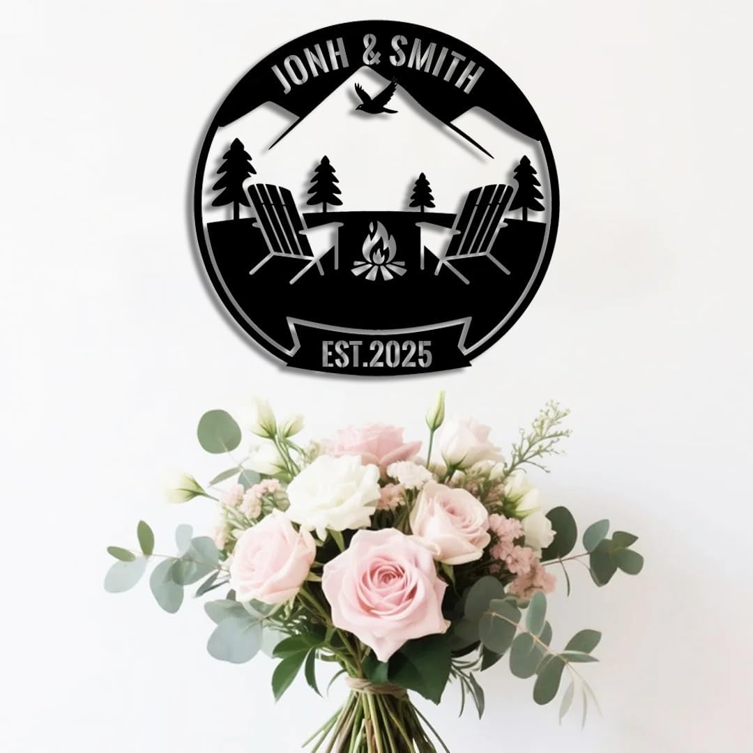 Personalized Campfire Metal Name Sign | Custom Camping Metal Signs | Family Wall Art & Split Letter Name | Wedding Gift & Anniversary | Indoor Decor Gift for Women, Men, Wife, Parents, Couple