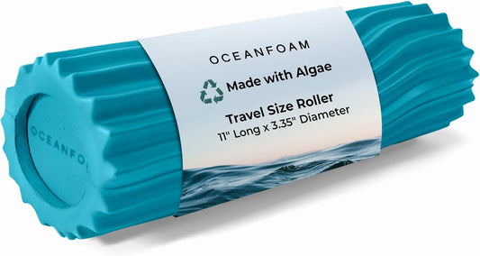 Oceanfoam Ripple Travel Foam Roller (11" x 3.35") Firm Mini Foam Roller for Physical Therapy, Deep Tissue Massage, Back Pain, High Density, Ergonomic Wave Textured, Yoga, Pilate, Exercise (Miami Blue)