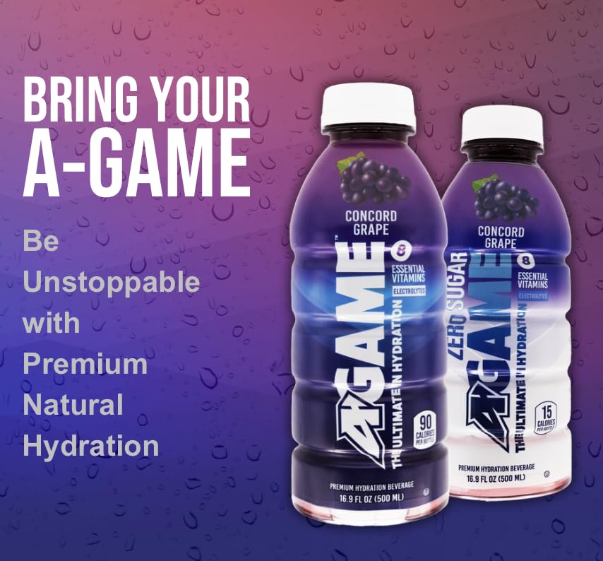 A-GAME Sports Drink, Concord Grape, The Ultimate Hydration Sports Beverage for Athletes, 8 Essential Vitamins including B, C, & E plus Natural Sea Salt Electrolytes, All Natural Flavors & Sweeteners, Gluten Free, 16 Fl Oz (Pack of 12)
