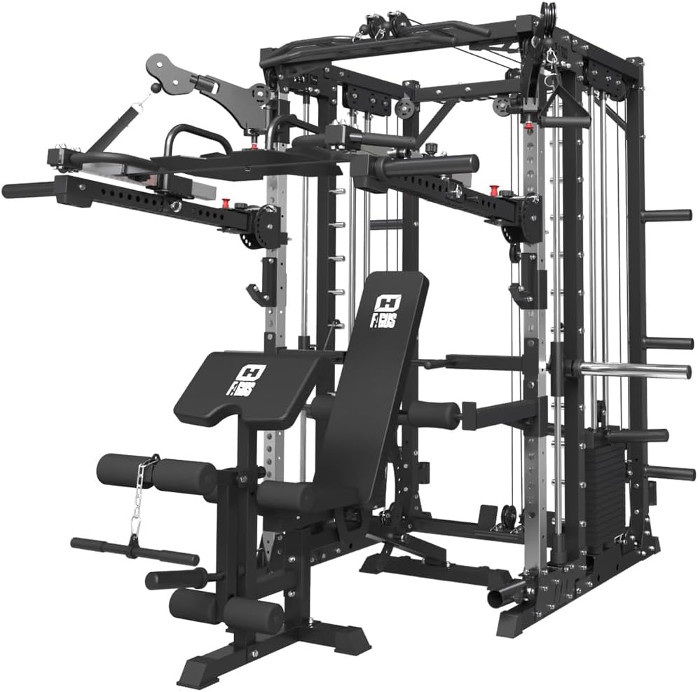 FAGUS Commercial Smithe Machine with 308lb Dual Weight Stacks, 4000LBS Power Cage Squat Rack with Lever Arm & Leg Press, Multi-Function Linear Bearing Cable Crossover Machine for Home Gym