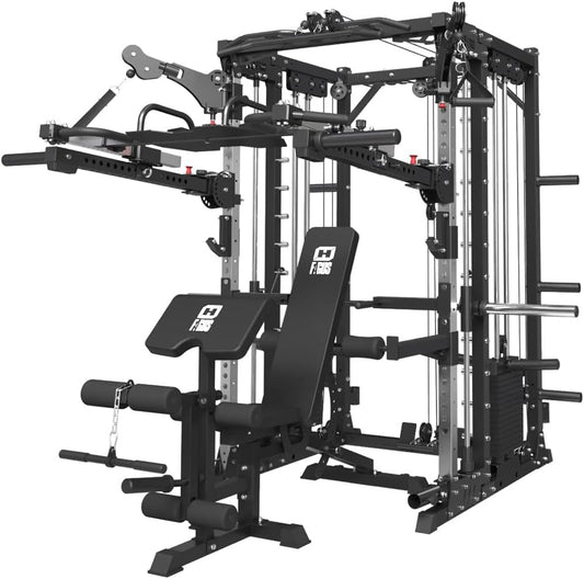 FAGUS Commercial Smithe Machine with 308lb Dual Weight Stacks, 4000LBS Power Cage Squat Rack with Lever Arm & Leg Press, Multi-Function Linear Bearing Cable Crossover Machine for Home Gym