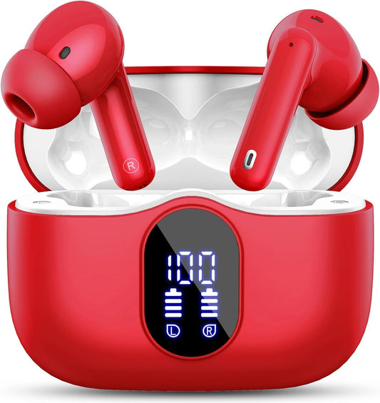 Wireless Earbuds, Bluetooth 5.4 Headphones Bass Stereo, Ear Buds with Noise Cancelling Mic, IP7 Waterproof in Ear Earphones, 36H LED Display Bluetooth Earbuds for Laptop Pad Phones Sports, Red