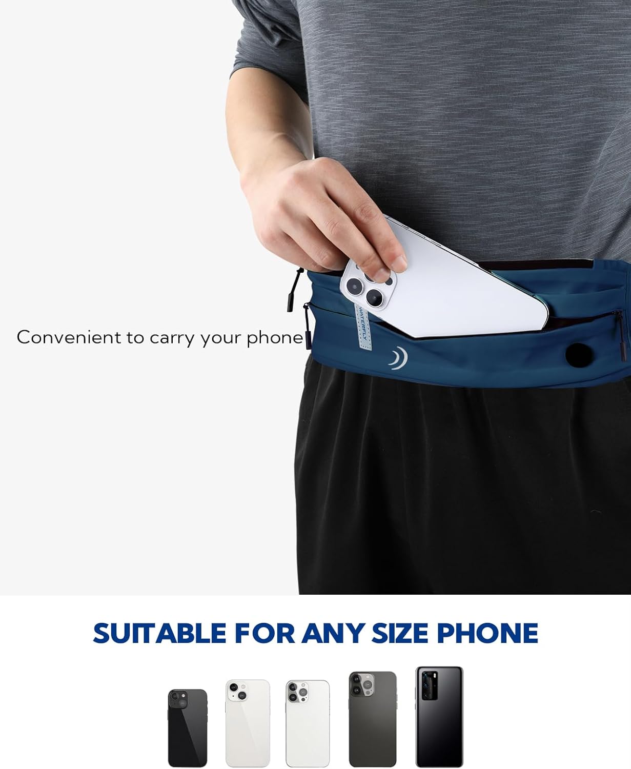 WATERFLY Running Belt Fanny Pack: Runner Marathon Jogging Waist Pack Sport Workout Exercise Fitness Phone Holder Belt for Men Women Jogger Slim Waistband Dark Blue