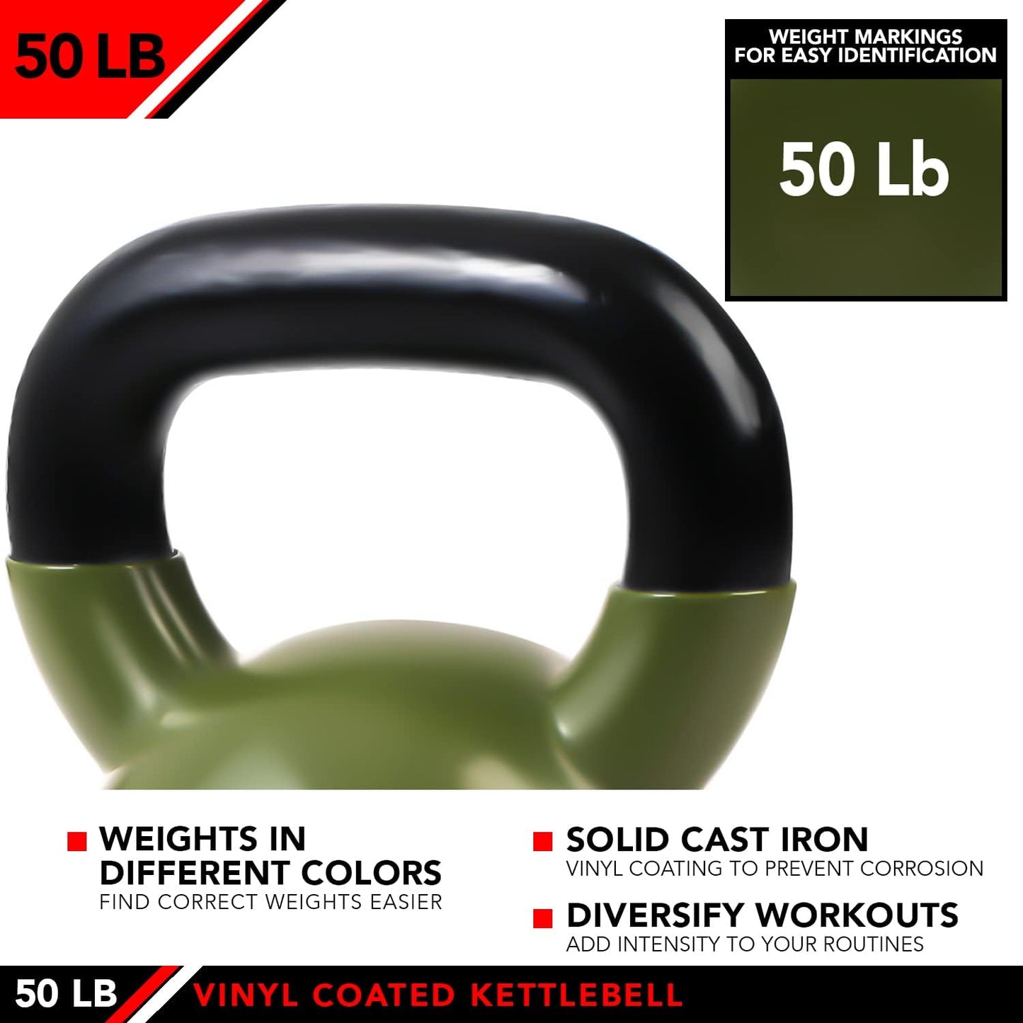 JFIT Kettlebell Weights Vinyl Coated Iron - 12 Size Options, 5lbs-50lbs - Coated for Floor and Equipment Protection, Noise Reduction, Ballistic, Core, Weight Training