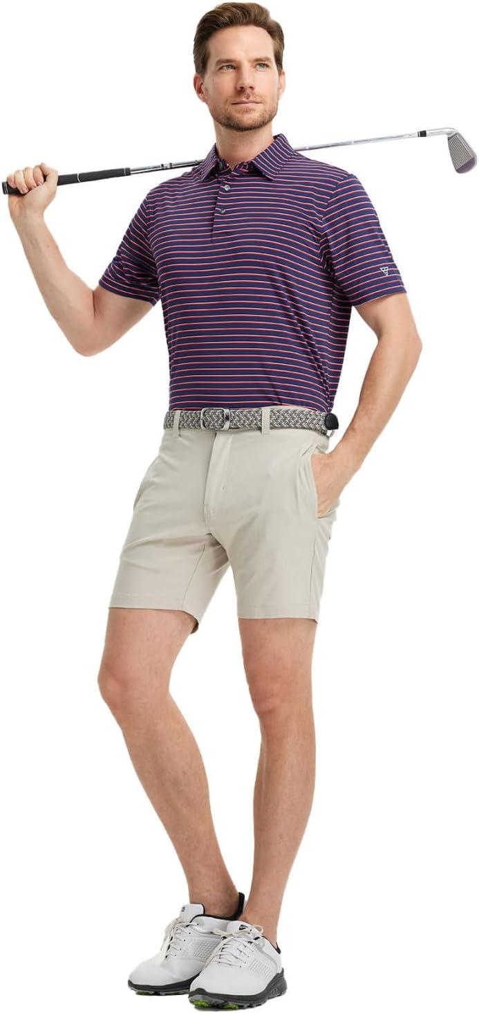 M MAELREG Golf Shirts for Men Moisture Wicking Striped Polo Performance Dry Fit Business Sports Mens Polo Shirts Short Sleeve