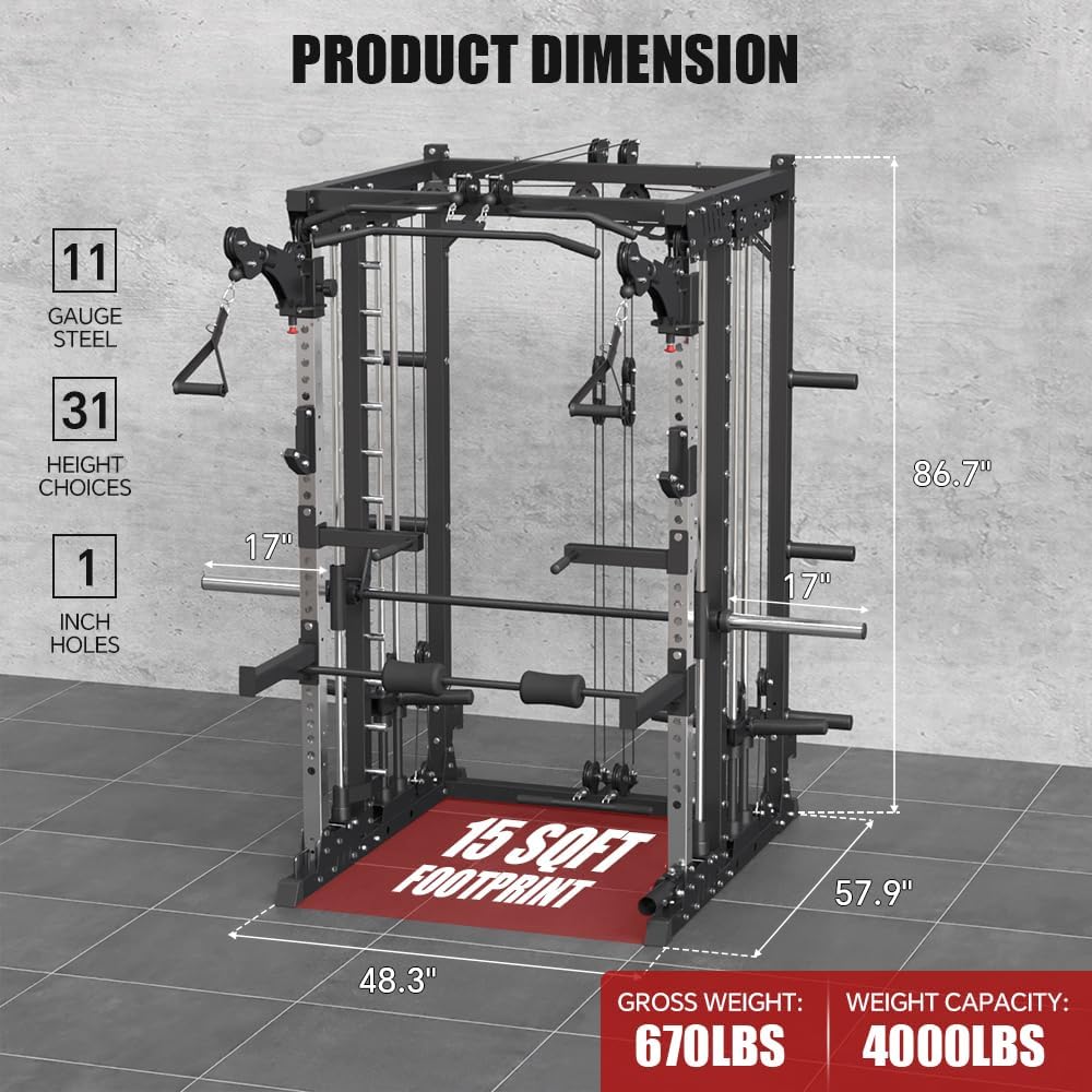 Commercial Smith Machine with Smith Bar, 4000LBS Power Cage Squat Rack with Lever Arm, Leg Press, LAT Pull Down System, Multi-Function Linear Bearing Cable Crossover Machine for Home Gym