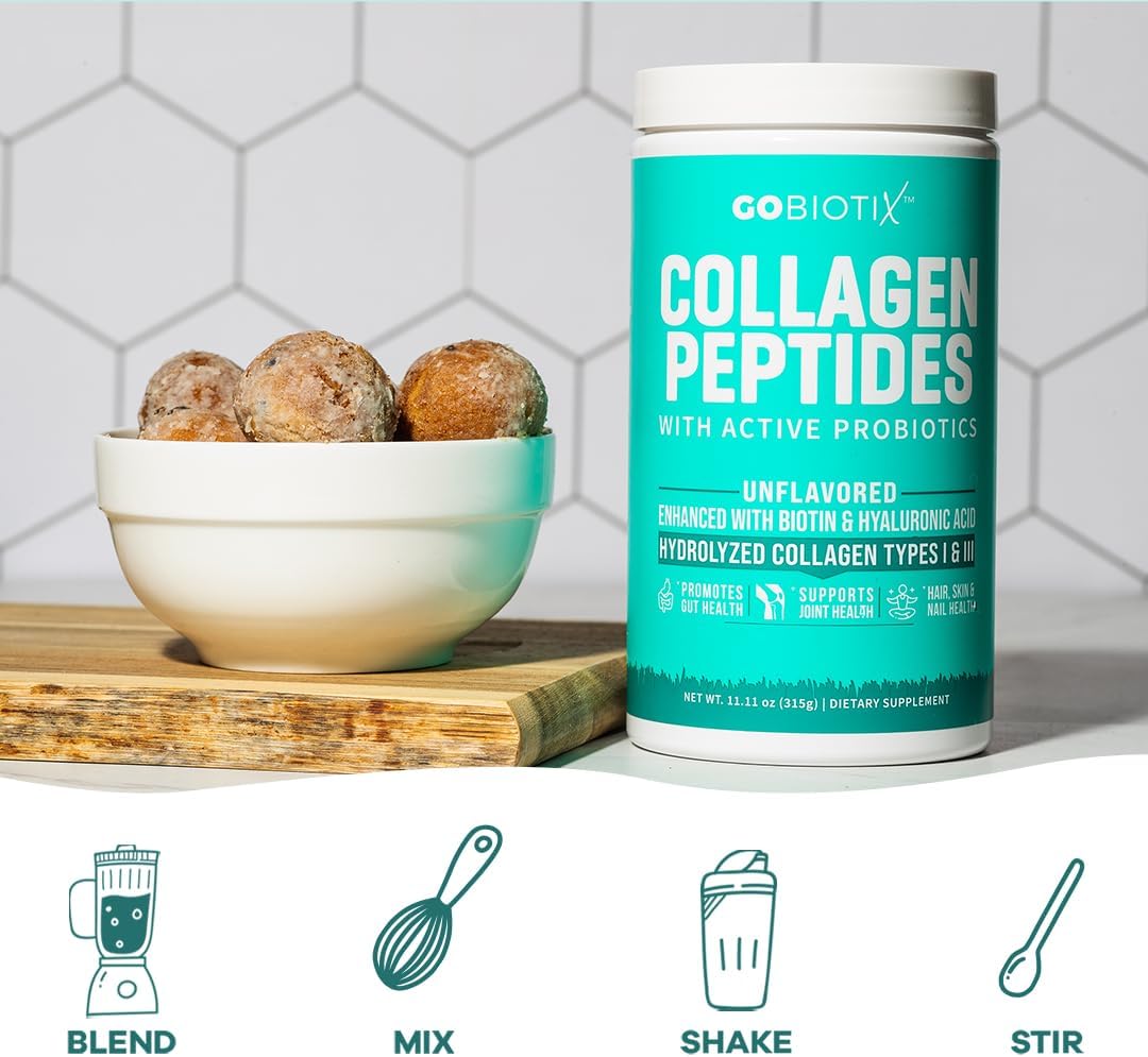 GOBIOTIX Collagen Powder Supplement with Probiotics - Hydrolyzed Protein Collagen Powder for Women - Hair Skin and Nails, Joint and Digestive Health - Collagen Peptides Type I and III - 30 Servings
