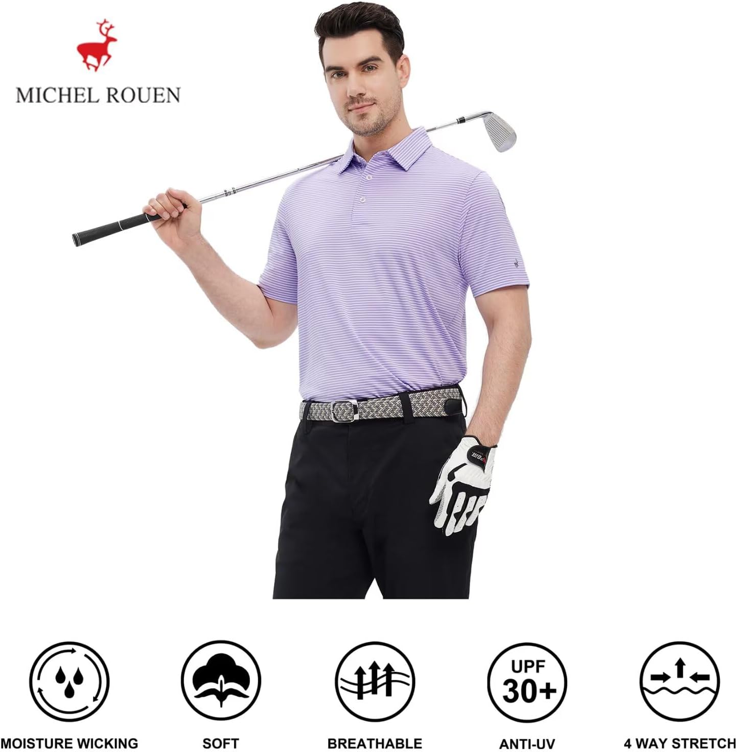 Mens Golf Shirt Moisture Wicking Dry Fit Performance Sport Short Sleeve Striped Golf Polo Shirts for Men