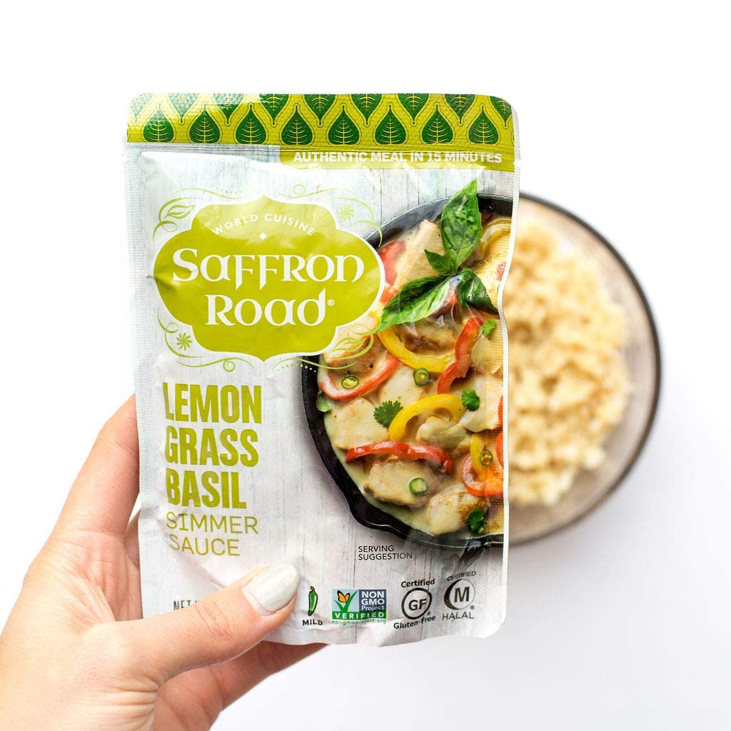 Saffron Road Lemongrass Basil Simmer Sauce | Globally Inspired Simmer Sauce | Gluten-free, Vegan, Non-GMO, and Certified Halal and Kosher | 7.0oz Pouch | Pack of 4
