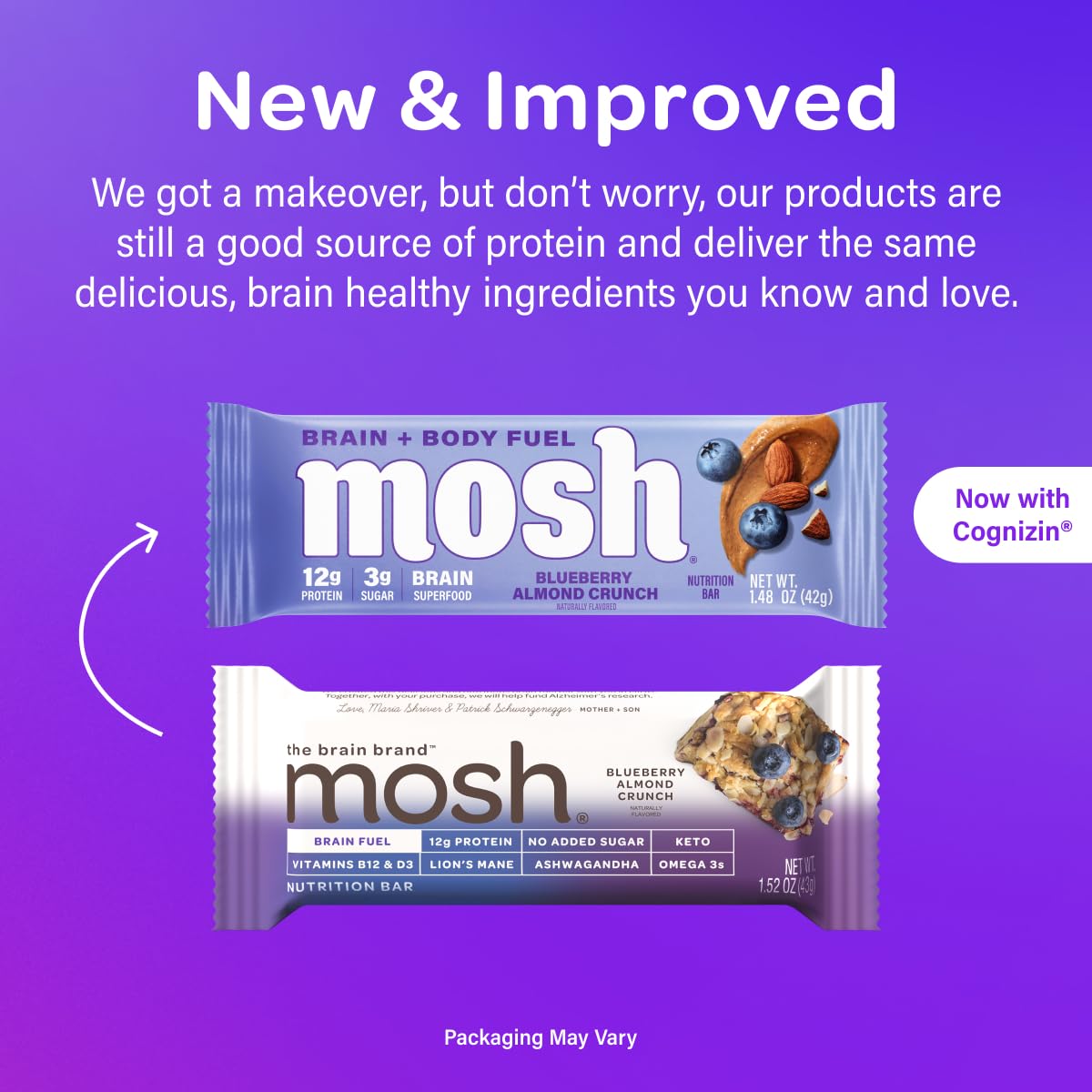 MOSH Blueberry Almond Crunch Keto Protein Bars, High Fiber, Low Carb, Gluten Free, High Protein, Brain Healthy Snack, 12 Count