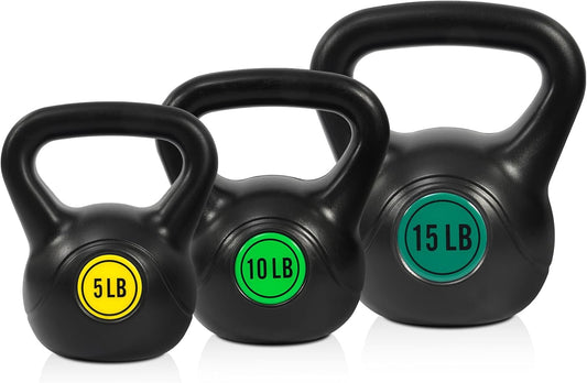 Fitvids Wide Grip 3-Piece or 4-Piece Kettlebell Exercise Fitness Weight Set, Include 5 lbs, 10 lbs, 15 lbs and 20 lbs, Set of 3 or Set of 4