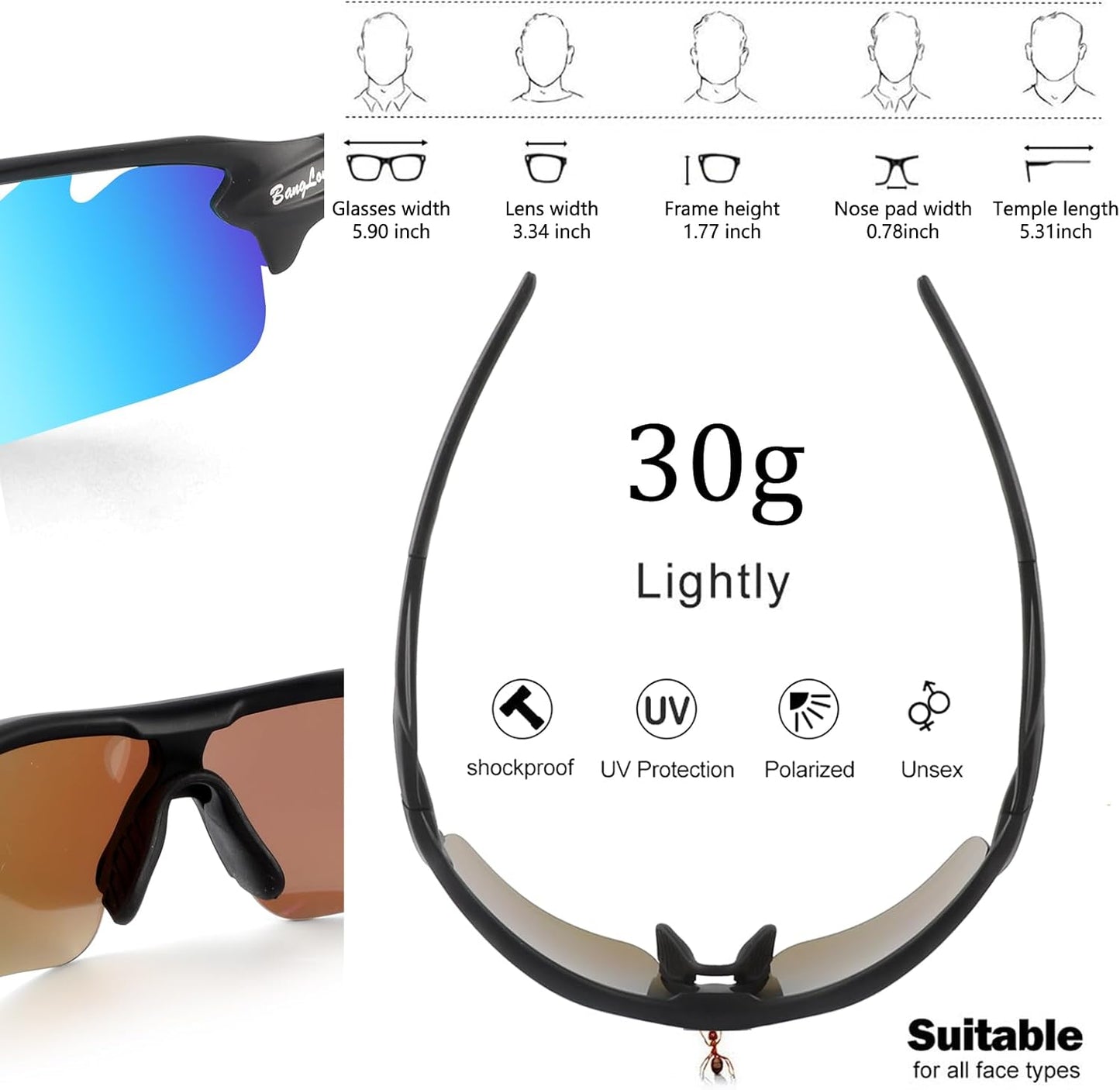 BangLong Polarized Sports Sunglasses Cycling Sun Glasses for Men Women with 5 Interchangeable Lenes for Running Baseball Golf