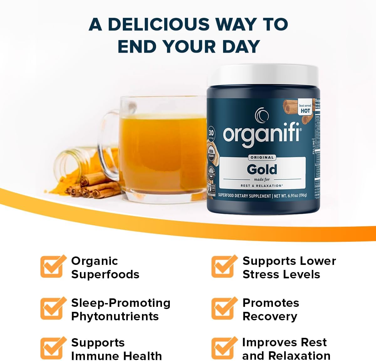 Organifi: Gold - Superfood Supplement Powder - 30 Servings - Stress Support, Better Rest, Relaxation and Promotes Restful Sleep - Turmeric and Reishi Infused