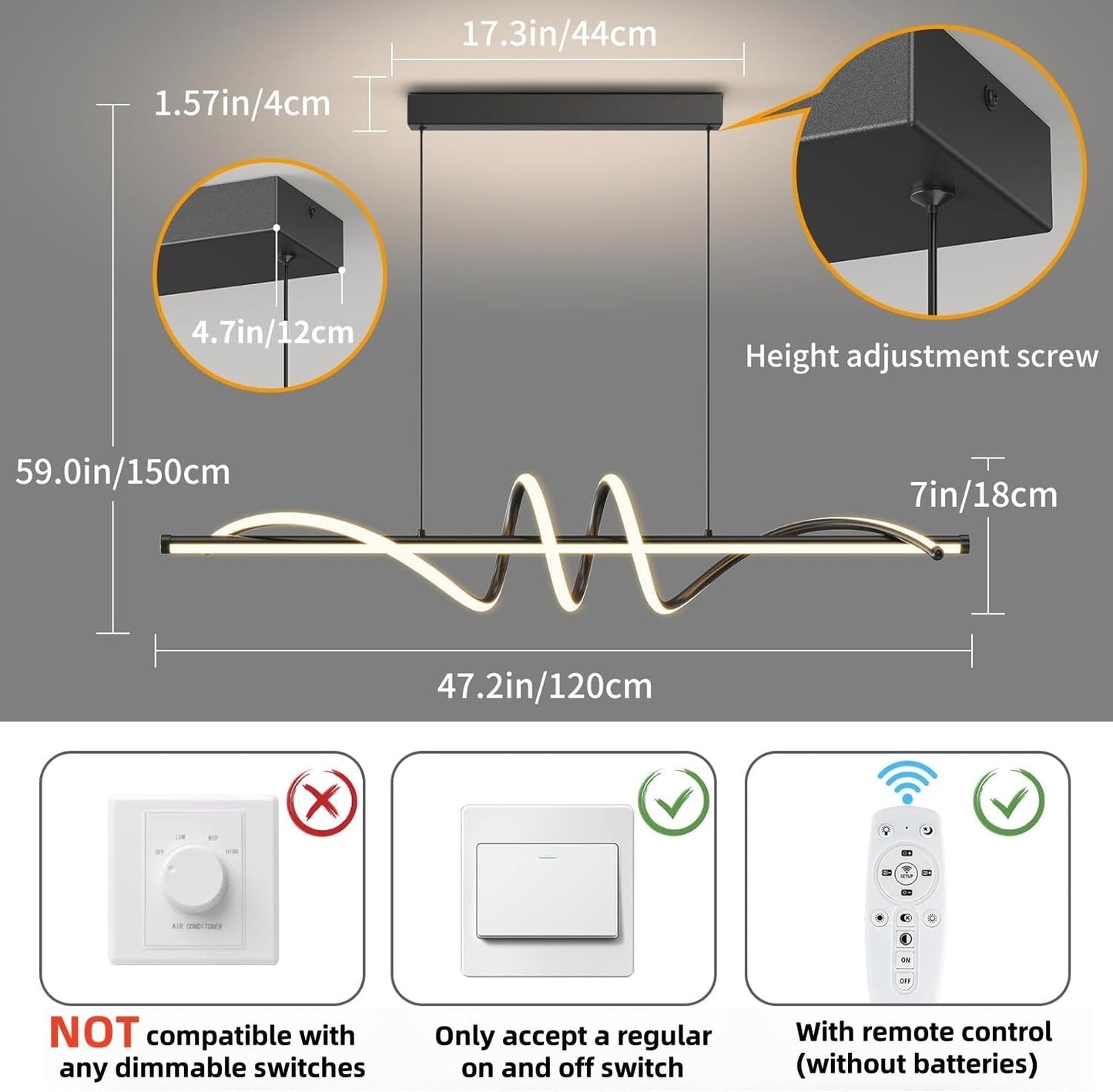 Modern LED Pendant Lights, Ceiling Chandelier Dimmable with Remote Control 3000k-6000K Adjustable Color Temperature, Aluminum Island Lighting Lamp Fixture for Kitchen, Dining Room(47in Black)