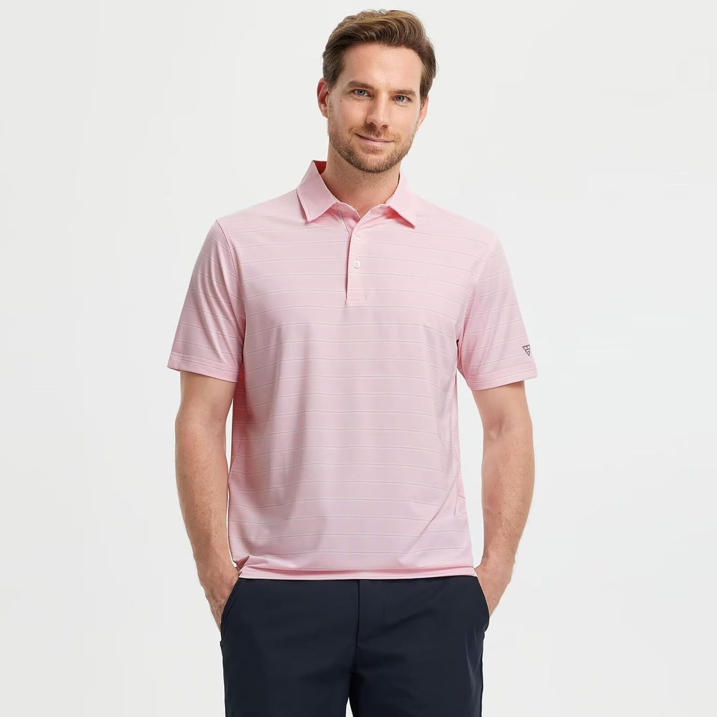 M MAELREG Golf Shirts for Men Moisture Wicking Striped Polo Performance Dry Fit Business Sports Mens Polo Shirts Short Sleeve