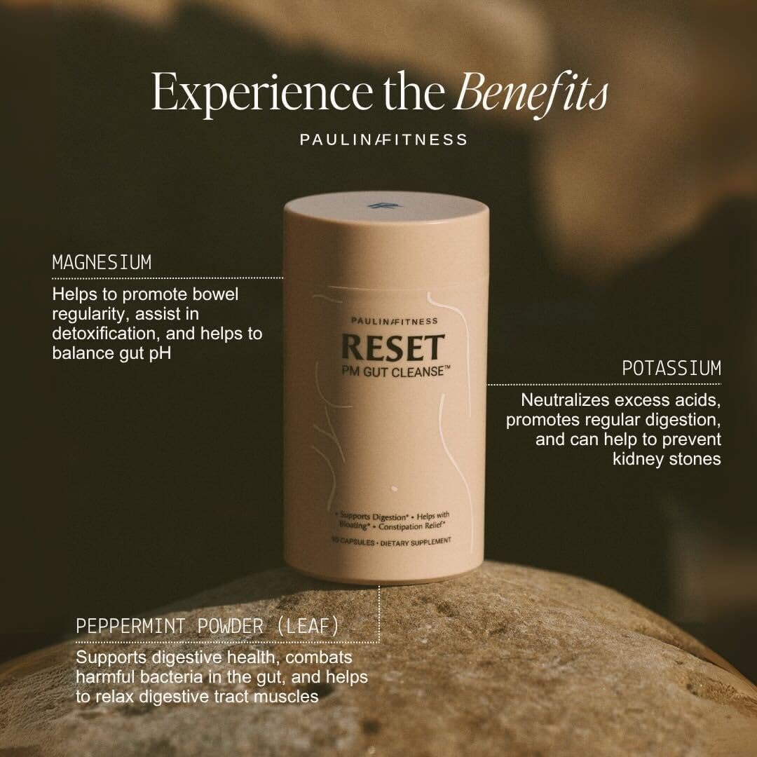 Paulina FITNESS Reset Overnight Digestive Aid, Bloating Relief, & Gut Health Supplement | Natural Detox & Digestive Cleanse to Support Weight Management and Relieve Constipation | 90 Capsules