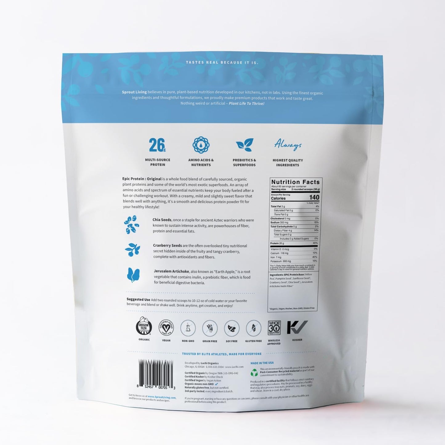 Sprout Living Plant Based Protein & Superfoods Powder, Original, Unflavored | Organic Protein Powder, Vegan, Non Dairy, Non-GMO, Gluten Free, Sugar Free, Perfect Keto Drink Mix (5 lb)