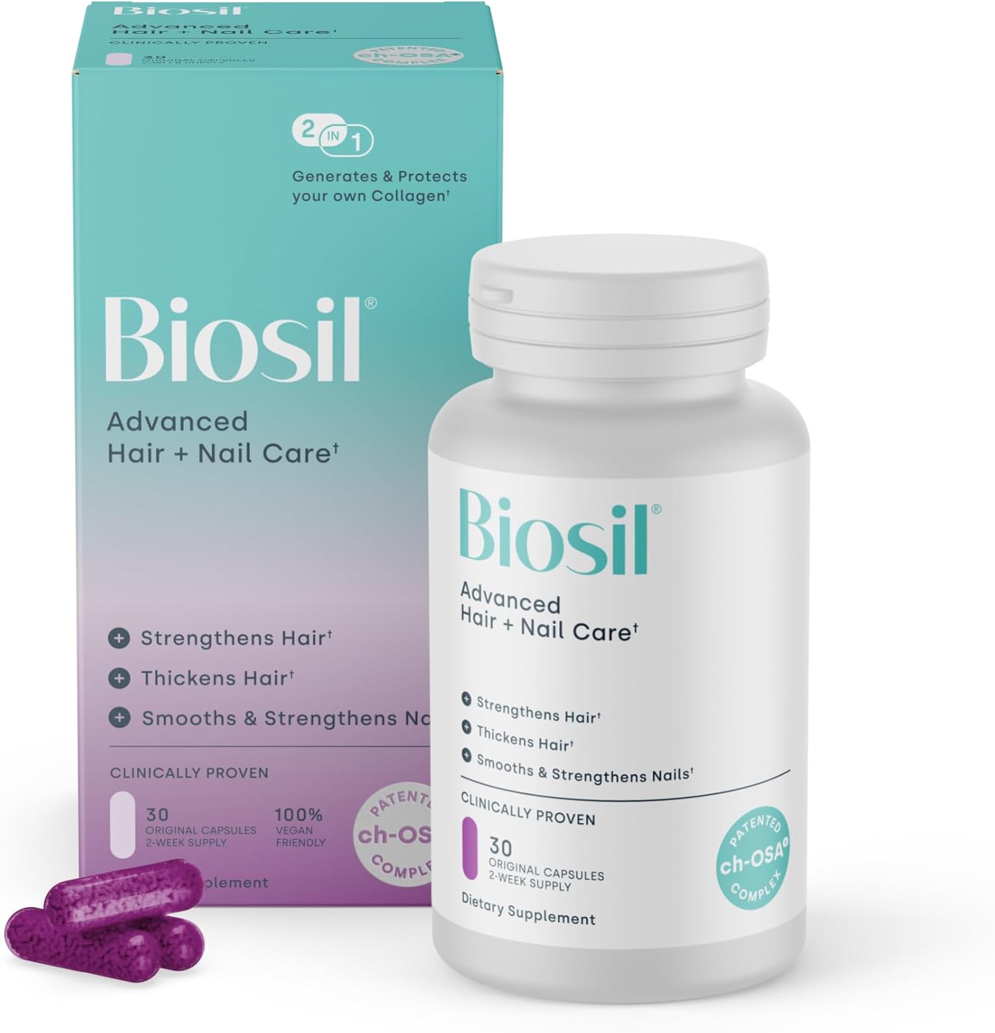 Biosil Advanced Hair + Nail Care - Growth Vitamins for Women - Strengthen & Thicken Strands - 30 Capsules - Patented ch-OSA - 15-Day Supply