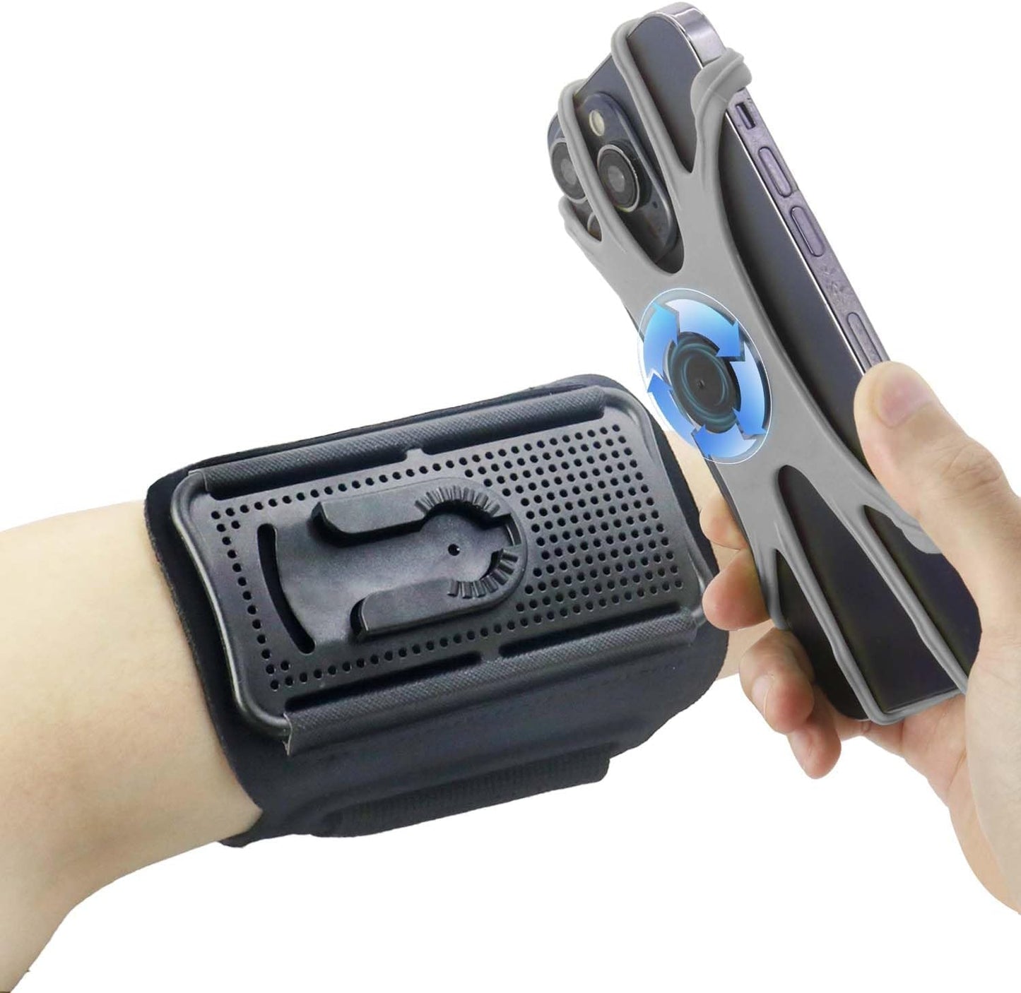 Wristband Phone Holder for Running, 360°Rotation & Detachable Sports Armband with Key Holder for iPhone 16/15/14/13/12/Pro/Pro Max/XS/XR/X/8/7/6/Plus, Fits 4.5-7 Inch Smartphones (Grey)