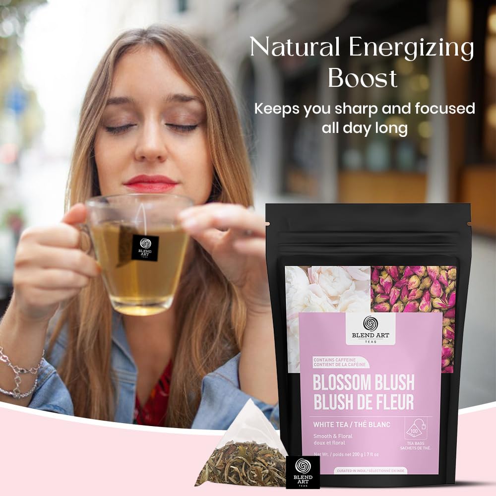 Blendart Blossom Blush Rose White Tea Bags Delicate Caffeinated Tea Made from Fresh Leaves. Natural Premium White Tea Bags -100 Pyramid Tea Bags