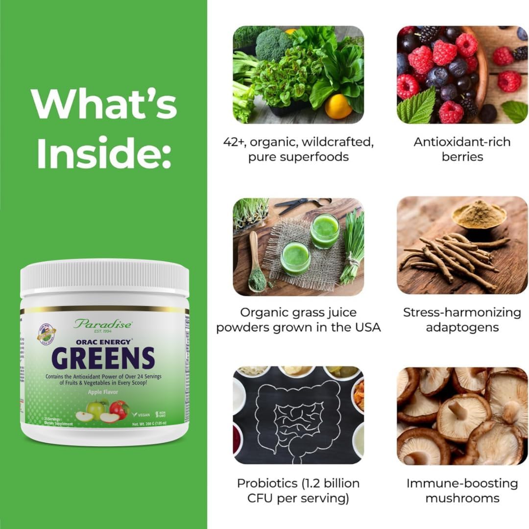 Paradise Herbs ORAC Energy Greens, Apple Superfood Powder, Over 40,000 ORAC Antioxidants, Organic Greens, Berries, Mushrooms & Probiotics, Non-GMO, Gluten-Free, 25 Servings